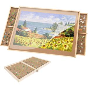 Puzzle Board with Drawers 500 Piece, Small Puzzle Board 14" x 28" Jigsaw Puzzle Table with Cover Mat, 4 Drawers, Small Puzzle Table, Birthday Gifts