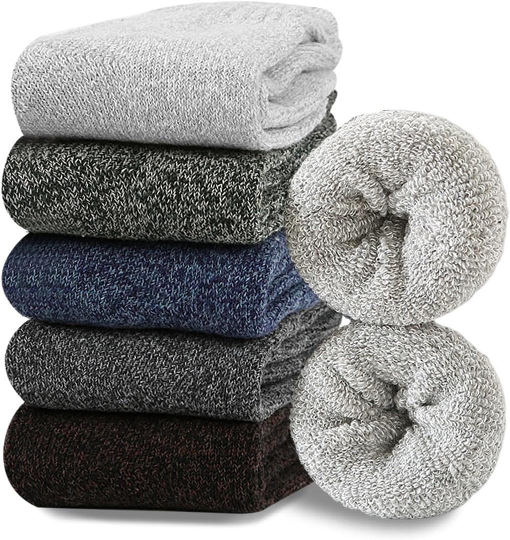 Josnown 5 Pairs Wool Socks Mens, Thick Warm Winter Thermal Cozy Boot Socks (Green/Gray/Brown/Blue/Dark Gray)