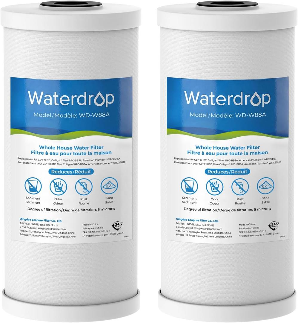 Waterdrop 5 µm 10x4.5" Sediment and Carbon Water Filter for GE® FXHTC, Pack of 2