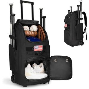 Rolling Baseball Bag with Wheels, 60L Capacity Wheeled Softball bag with Shoe Compartment for Youth & Adult, Bat bag with Hidden Straps,Fence Hook,Holds 4 Bat, Helmet, Glove