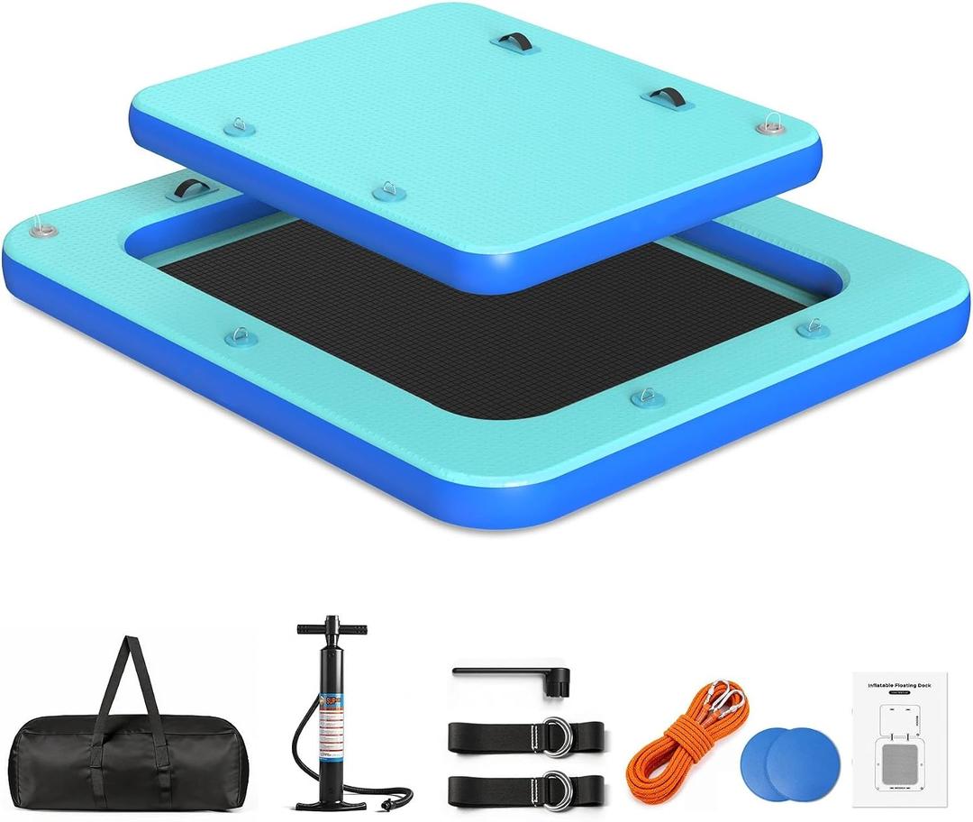2 in 1 Inflatable Floating Dock with Mesh Swim Area & Pool Island Platform | 8.2x7.2FT Durable Inflatable Dock with Safety Rope, Air Pump, Repair Kit, Storage Bag, Linking Ropes for Swimming, Beach