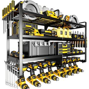 POKIPO Large Power Tool Organizer Wall Mount,4 Layers Heavy Duty Metal Loads 400lbs,Power Tool Shelf Battery Storage with 8 Cordless Drill Holder,Utility Racks for Garage Workshop (Black)