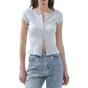 Ribbed Button Down T Shirts for Women Short Sleeve Going Out Tops Cropped Fitted Knit Blouses(Gray,Small)