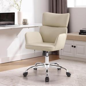 BV Adjustable Desk Chair with Wheels for Make Up, Faux Leather Rolling Armchair, 360 Swivel Comfy Task Chair for Home Office, Beige
