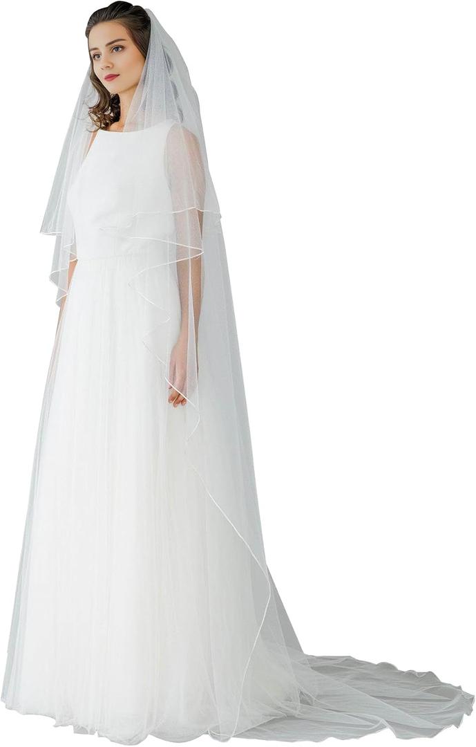 Pencil Edge 2 Tier Long Simple Plain Wedding Bridal Veil with Metal Comb