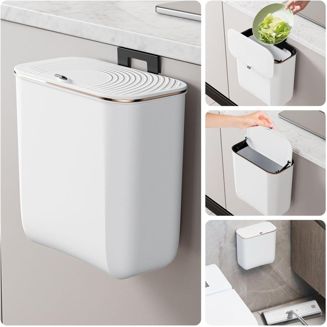2.4 Gallon Hanging Trash Can - Small Under Sink Trash Can with Lid, Wall Mounted Garbage Bin for Kitchen & Bathroom Cupboard, Odor-Control, Extended Clamping Ring, White
