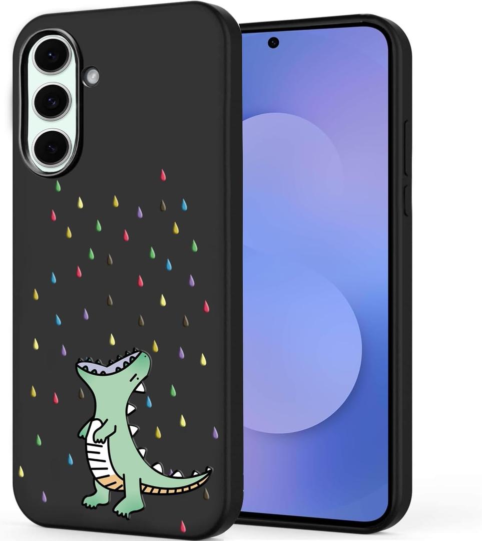 Unov Case Designed for Galaxy S25 FE, Black Phone Case with [Anti-Slip Embossed Pattern], Shockproof Slim Protective [Anti-Scratch TPU] Back Cover, Rainbow Dinosaur