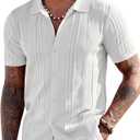 COOFANDY Knit Button Down Shirt for Men Short Sleeve Vintage Polo Shirt Casual Summer Beach Shirt White, 3XL