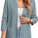 GRACE KARIN Women Sweater Blazer 3/4 Sleeve Cropped Cardigan Lightweight Notch Collar Knit Blazer Jacket Business Casual (Medium, Gray Blue)