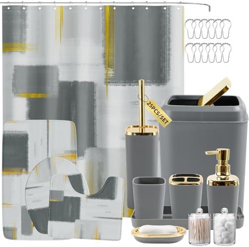 XLHOMO Bathroom Set - Grey and Gold Bathroom Accessories Set, Bathroom Sets with Shower Curtain and Rugs, Grey Shower Curtain Set with Bathroom Trash Can, Soap Dispenser, Soap Dish for Home Decor