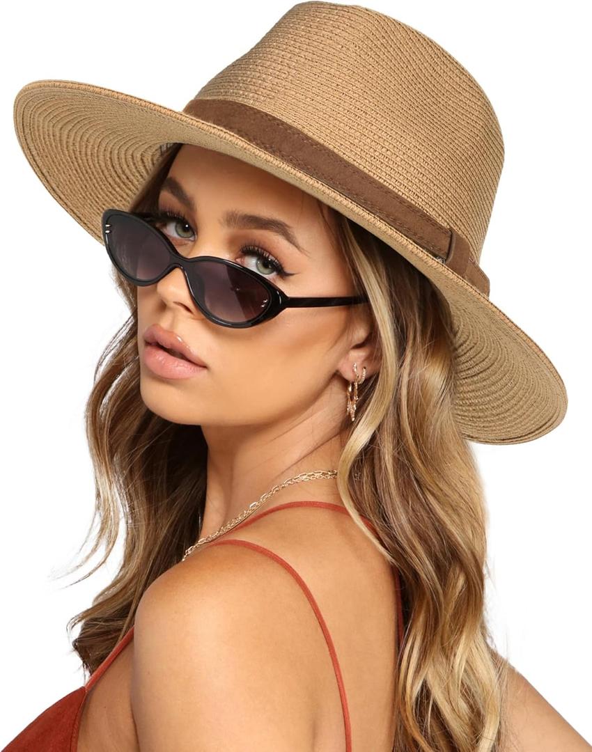 FURTALK Womens Mens Wide Brim Straw Panama Hat Fedora Summer Beach Sun Hats UPF Straw Hat for Women (Medium-Large, Khaki/Brown)