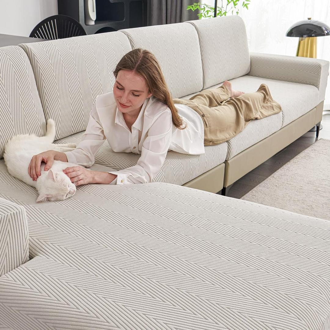 Couch Cushion Covers for Sectional Sofa, Wear Resistant Stretch Sofa Slipcovers for Chair Sofa Cushion Furniture Protector Washable Seat Cover for Pets (Light Gray, 1 Chaise Cover)