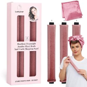 Heatless Curls Overnight Rods Jumbo Set, Heatless Hair Curler Velvet Satin Jumbo Flexi Rods to Sleep in, No Heat Overnight Sleeping Blowout Curls Wave Styling Tools with Silk Scarf 4pcs Dark Pink