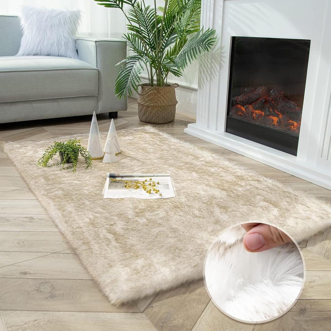 Ashler HOME DECO Soft Fox Faux Fur Chair Couch Cover Area Rug for Bedroom Floor Sofa Living Room White Brown Rectangle 3 x 5 Feet