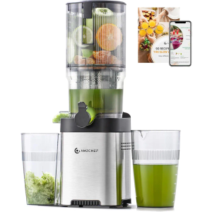 AMZCHEF Cold Press Juicer, 5.4" Juicer Machines with Large Feed Chute for Whole Fruits & Vegetables, Stainless Steel Juice Extractor with Large Auger, Triple Strainers, Easy Cleanup & Assembly