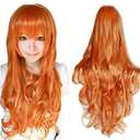 ANOGOL Hair Cap + 32 in/80 cm Orange Long Wavy Cosplay Wig for Women Orange Cosplay Wig with Bangs for Costume Halloween Party Long Ginger Wavy Wigs with Bangs