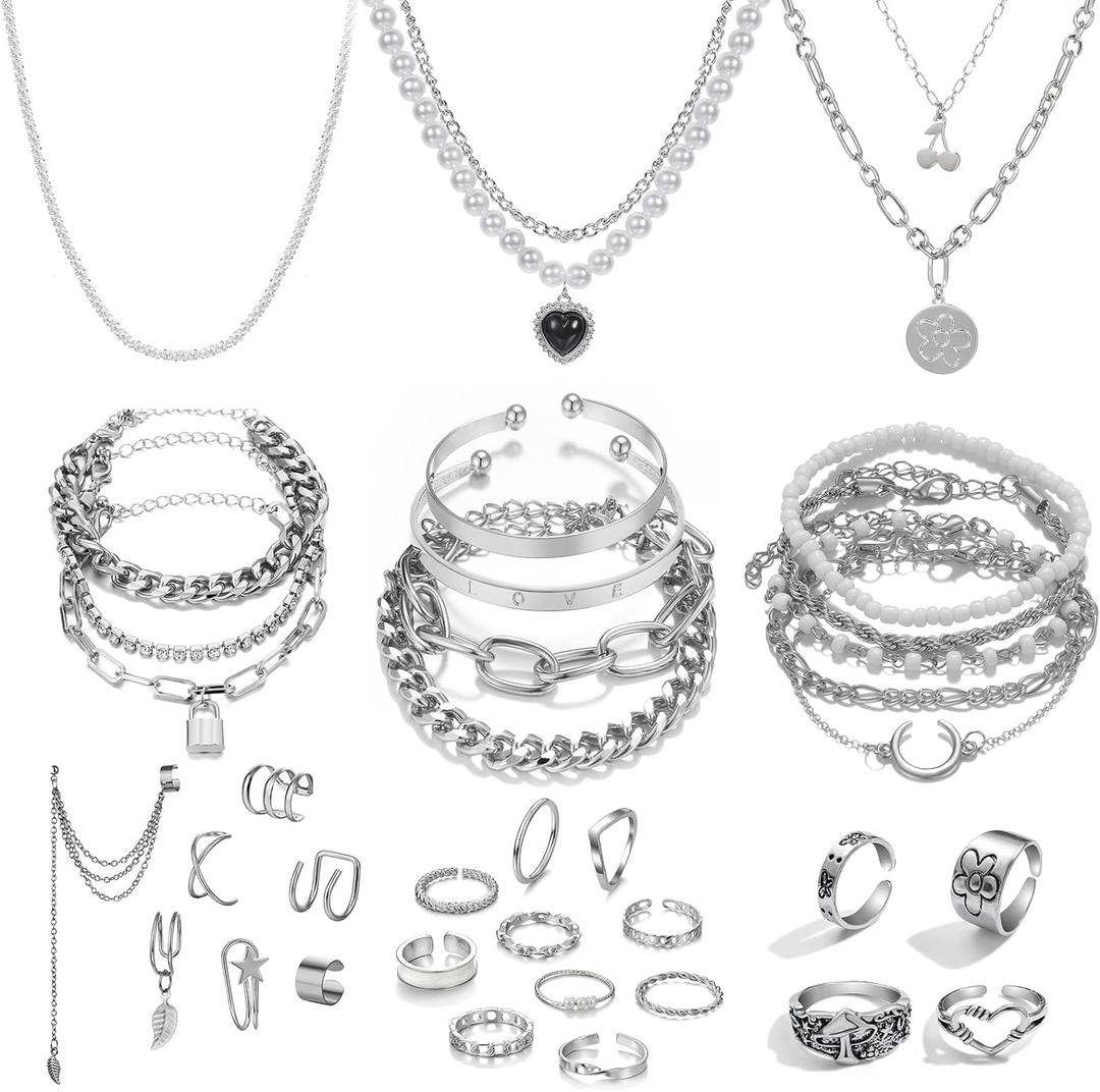 IFKM 36 PC Silver Plated Jewelry Set With 3 Necklace, 12 Bracelet, 7 Ear Cuffs Earring, 14 Knuckle Rings For Women Girls Valentine Anniversary Birthday Friendship Gift