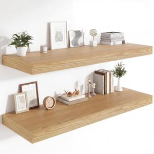 Heimlove 12 Inch Deep Floating Shelves, 48 x 12 inches Long Wall Shelf, Large Display Shelf & Storage Shelf, Rustic Wood Wall Shelves for Fireplace Mantel, Set of 2(Oak)