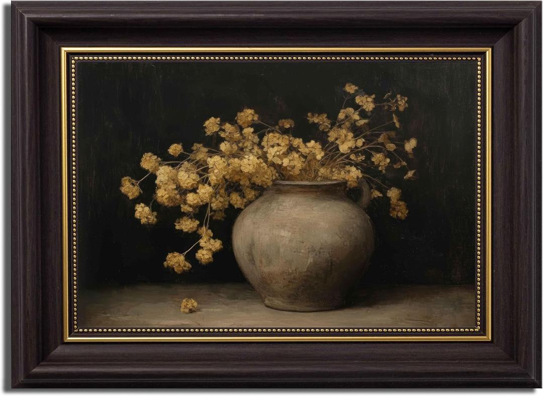 Gold Hydrangea Dark Brown Framed Canvas Wall Art Moody Hydrangea Painting Decor Pictures Dark Farmhouse Vintage Flower Bedroom Living Posters Prints for Corridor Classroom Kitchen Room Decoration