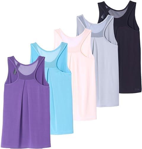 Real Essentials 5 Pack: Women's Racerback Workout Tank Top Mesh Back Dry-Fit Sleeveless Running Gym (Available in Plus Size) Small