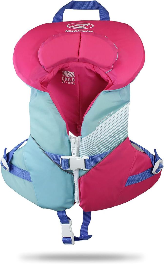 Stohlquist Child Life Jacket, US Coast Guard Approved, Type III Life Vest (30-50 lbs) for Kids and Children, Support Collar with Grab Handle, Fully Adjustable PFD for Pools, Lakes and Boating, Aqua/Pink