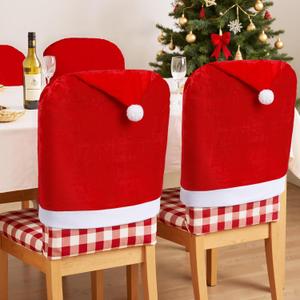 Christmas Chair Covers Set of 4, Santa Claus Hat Slipcover Chair Back Covers for Christmas Kitchen Decorations Indoor Xmas Holiday Festival Party Dining Room Bar Counter Table Decor (Red White)