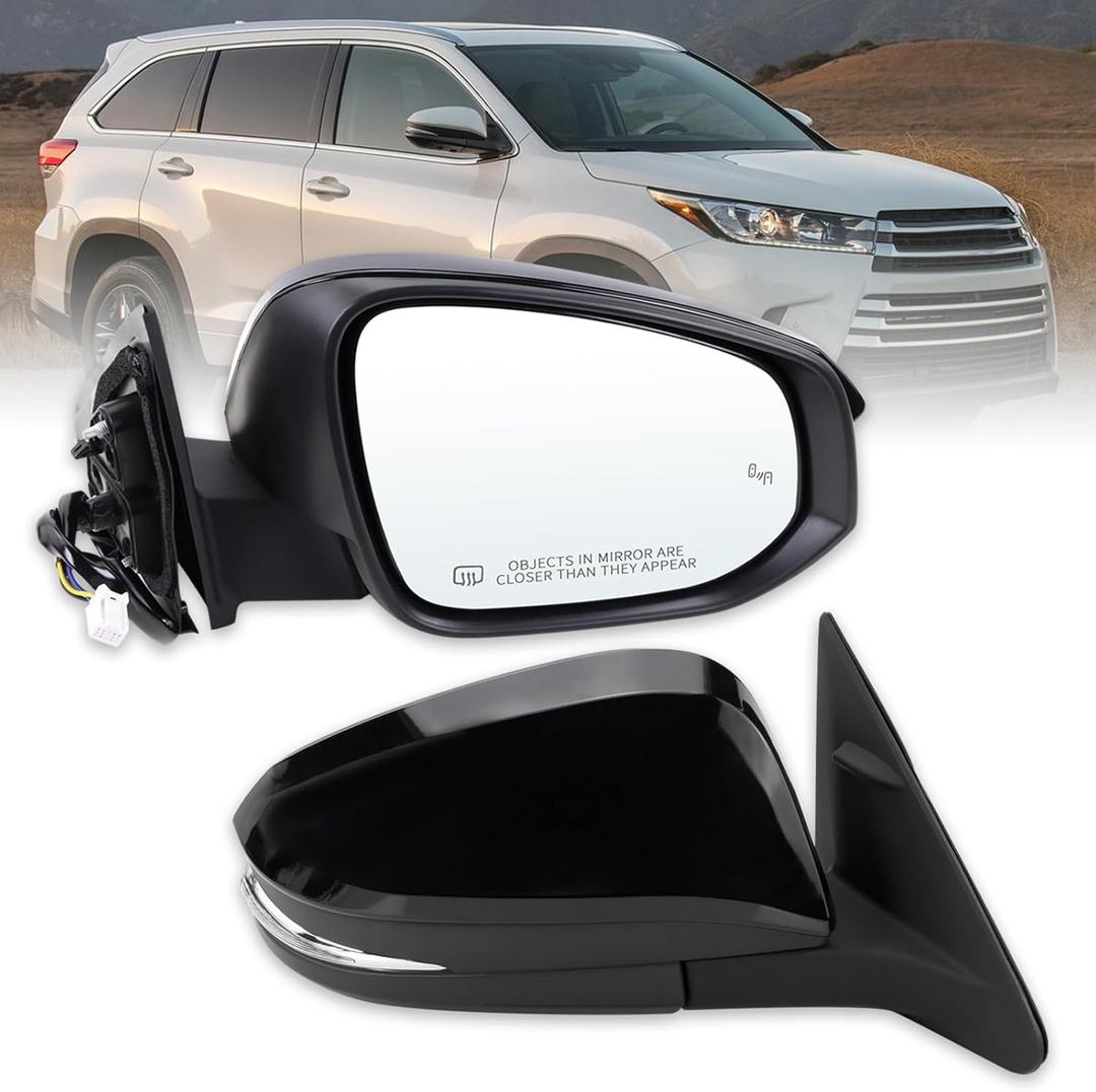 Right Passenger Side Mirror Compatible With 2014-2019 Toyota Highlander With Manual Folding Power Glass Heated Turn Signal Blind Spot Black Replaces #87910-0E282 TO1321361(7Pins)