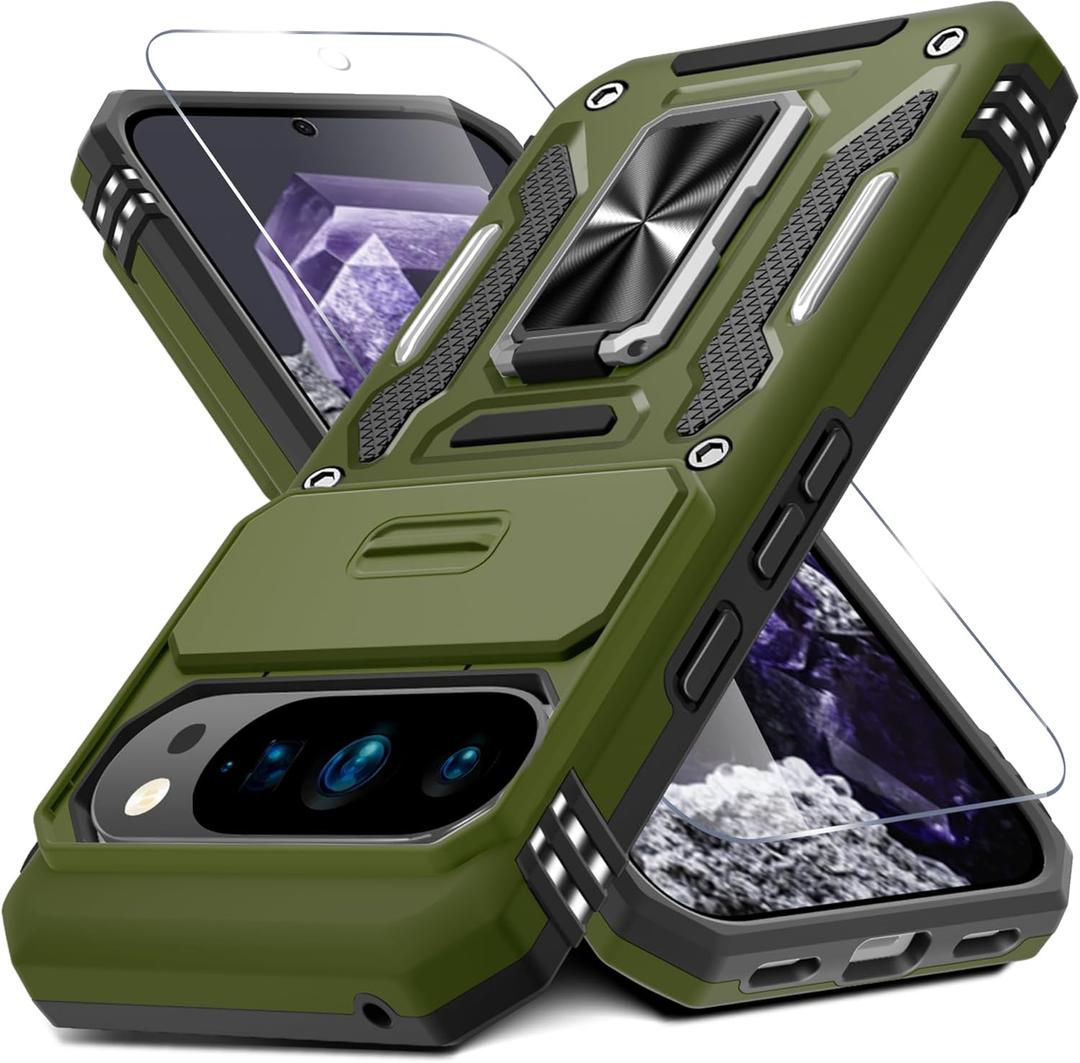 DEERLAMN Case for Google Pixel 10 Pro XL with Slide Camera Cover+Screen Protector(1 Pack), Rotated Ring Kickstand Military Grade Shockproof Protective Cover-Olive Green