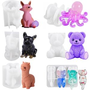 6PCS Animal Resin Mold, Alpaca, Bulldog, Fox, Cat,Bear and Octopus 3D Lifelike Silicone Molds for Epoxy Resin, Unique Display Mould for DIY Crafts Wall Desktop Home Decoration Candle Making (Model B)