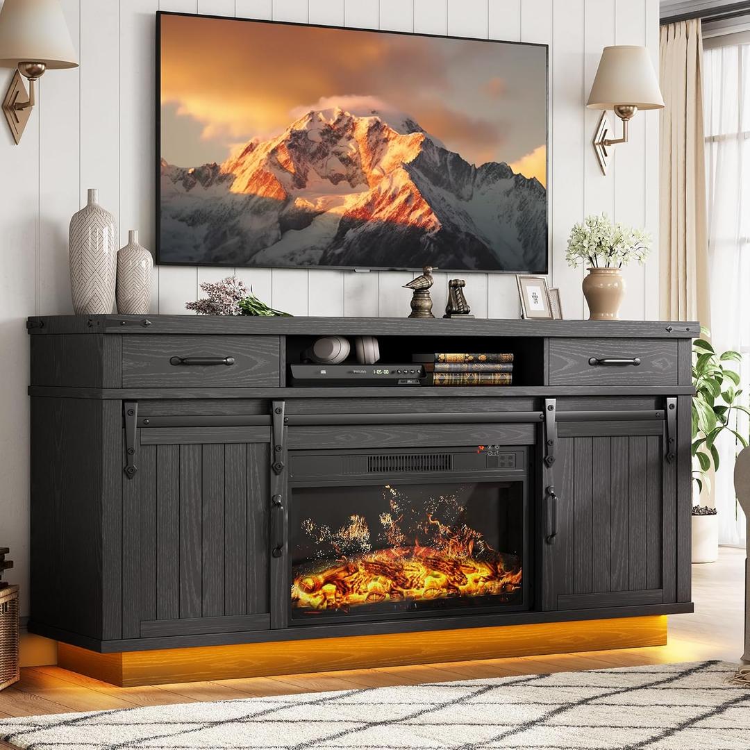 Jocoevol Fireplace TV Stand for TVs up to 65", Electric Fireplace with 3D Flame, Farmhouse LED Light Entertainment Center TV Console with with 2 Drawers, Sliding Barn Door for Living Room - Black