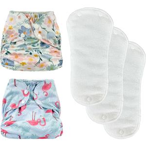 BISENKID 2 Pack Waterproof Cloth Diapers Rubber Pants for Toddlers - Adjustable Outer Shell with 3 Pack Absorbent Diaper Inserts to Prevent Urine Blowouts for Baby Girl, Size 1 (7-17Pound)