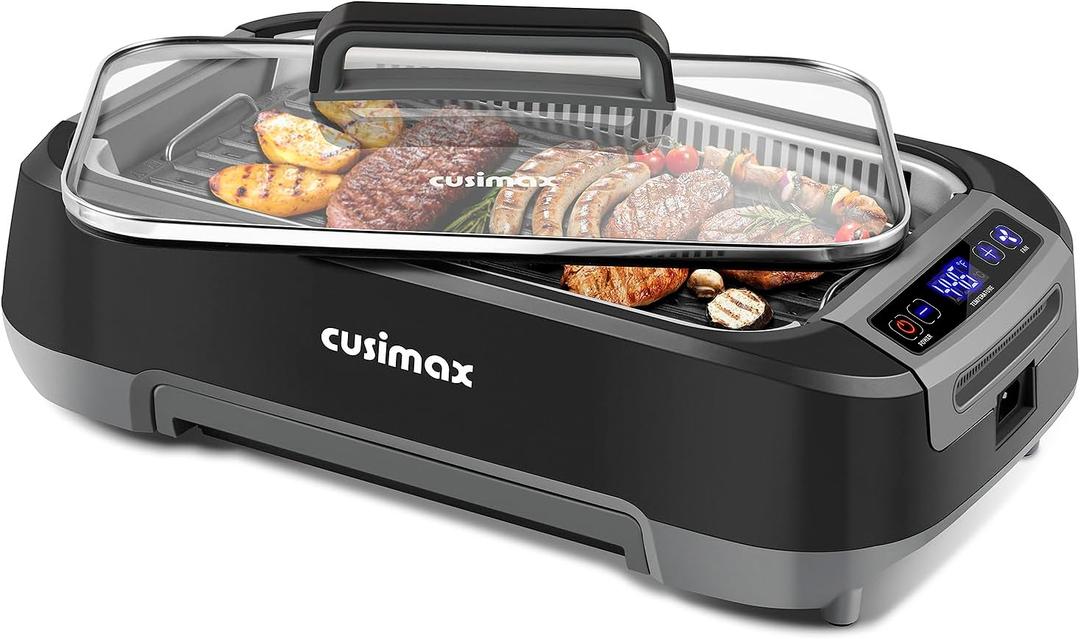 CUSIMAX Smokeless Indoor Grill, 1500W Electric Grill Korean BBQ Grill with LED Smart Display & Tempered Glass Lid, Non-stick Removable Grill Plate, Turbo Smoke Extractor, Black New Model