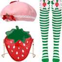 3 Pcs Halloween Strawberry Cake Costume Sweety Berry Accessories Bonnet Hat Thigh High Socks Bag for Women Halloween Cosplay Party Dress Up