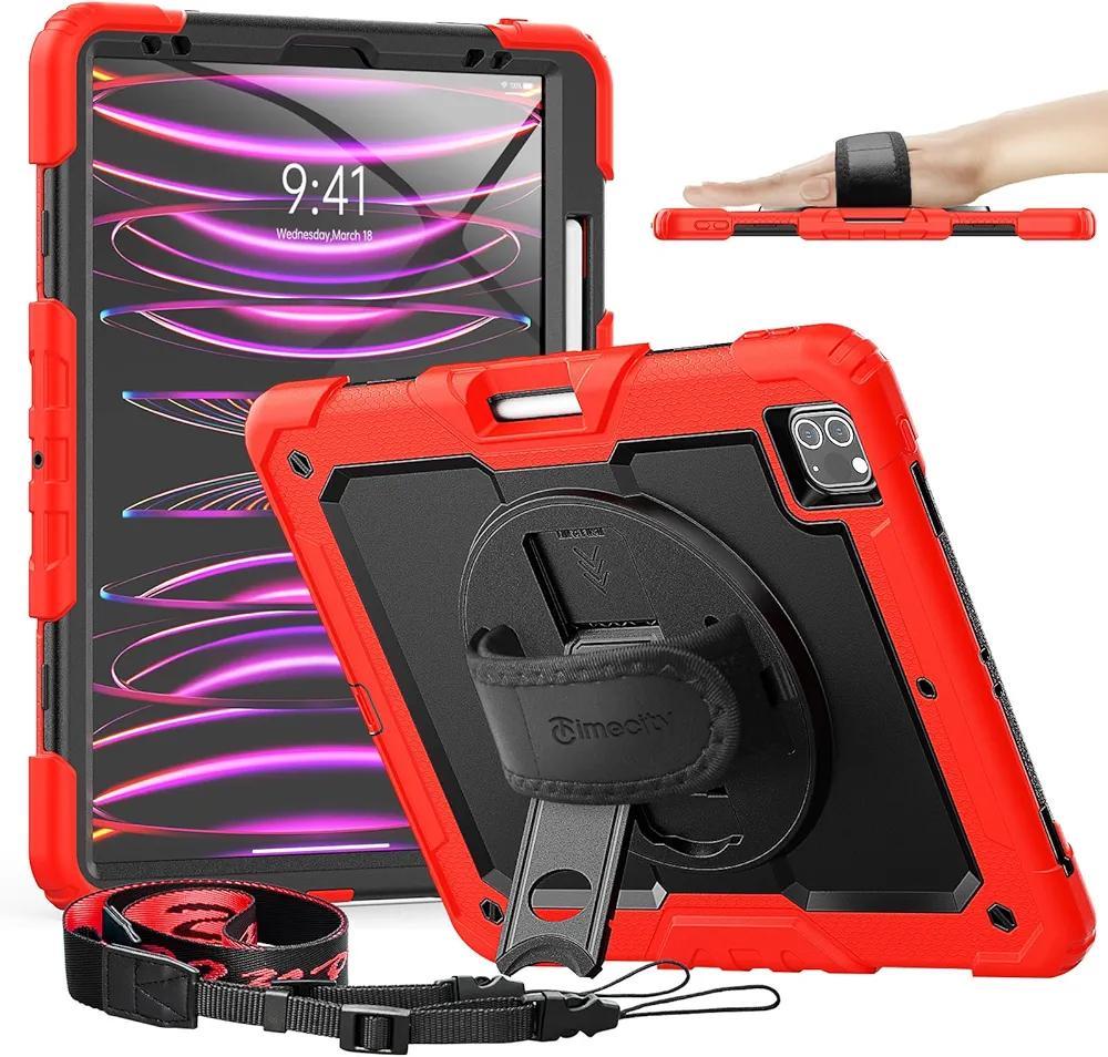 Timecity Protective Case for iPad Pro 12.9 inch 6th/ 5th/ 4th/ 3rd Generation, with Strong Protection, Screen Protector, Hand/Shoulder Strap, Rotating Stand, Pencil Holder - Red