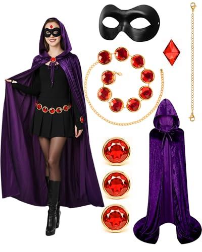 HRTELISI Raven Costume, Purple Hooded Cloak, Red Gem Belt, Waist Belt, Black Eye Mask, Womens Halloween Cosplay Set Fits All Body Types(80 to 260 Pounds) Size 130