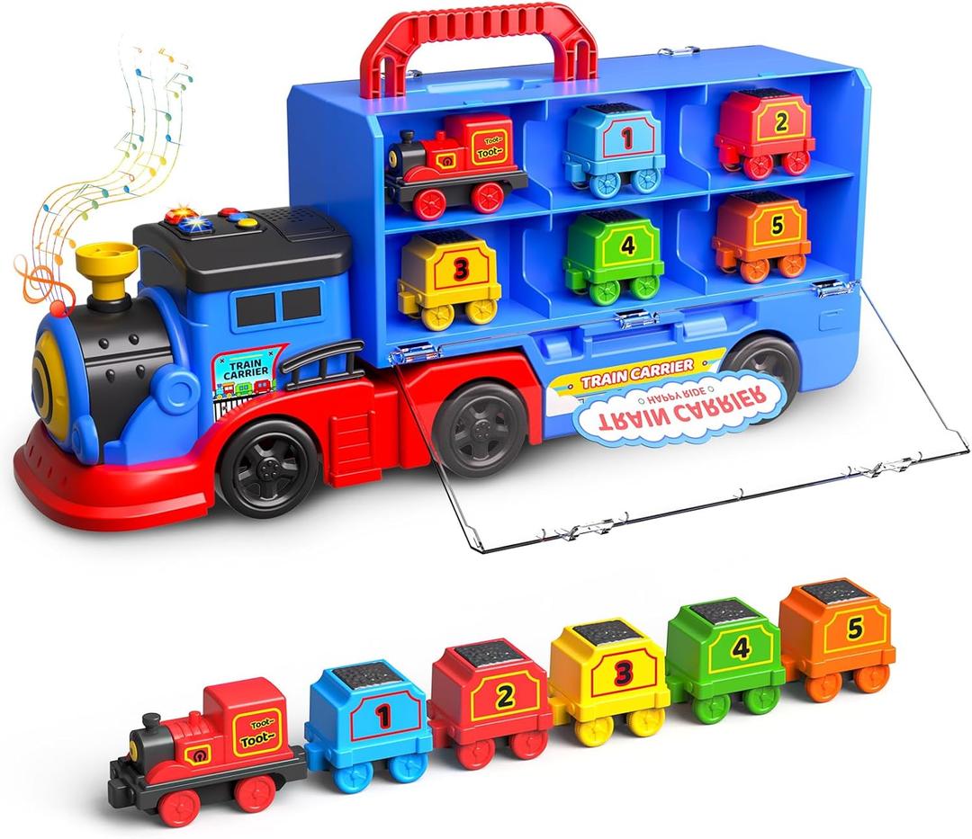 Gloween Train Set Truck Toys for Toddler Boys Girls Age 3 4 5 6 Years Old, Carrier Transport Truck with Light & Music, Great Christmas Birthday Gifts for Kids 3-4 3-5 Years Old