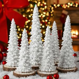 Pangda 6 Pcs Christmas Tree Figurines 11''/ 8.6''/ 7'' Champagne Gold Glittered Christmas Tree Resin Stone Xmas Holiday Figurines Xmas Desk Decor Centerpieces for Tabletop Decoration(White)