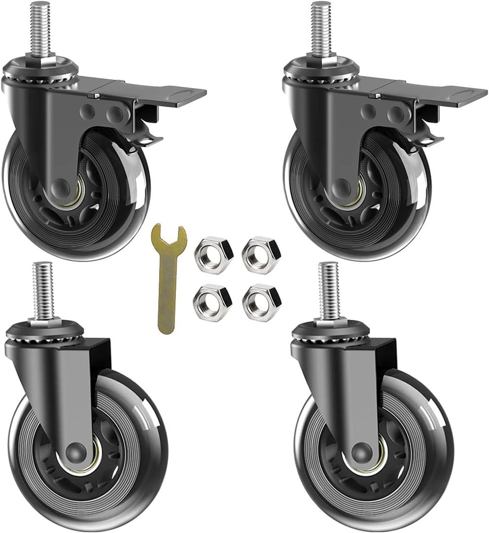 3" Caster Wheels,Heavy Dudy Swivel Casters Set of 4 (2 with Matel Brake,2 No Brake) 3/8"-16x1"Threaded Stem Casters,No Noise Rubber Wheel Industrial Castor Replacement for Furniture,Cart