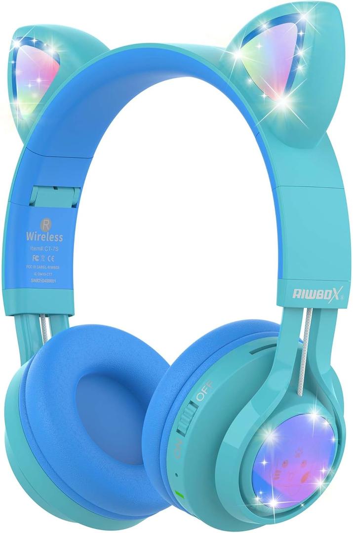 Riwbox Kids Headphones, CT-7S Cat Ear Bluetooth Headphones with LED Light, 85dB Volume Limiting, Over Ear with Microphone for Laptop/PC/TV (Blue & Green)