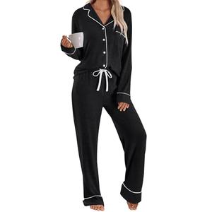 LILLUSORY Women's Long Sleeve Pajama Set - Soft Button-Down Top & Comfortable Drawstring Pants with Pockets Black L