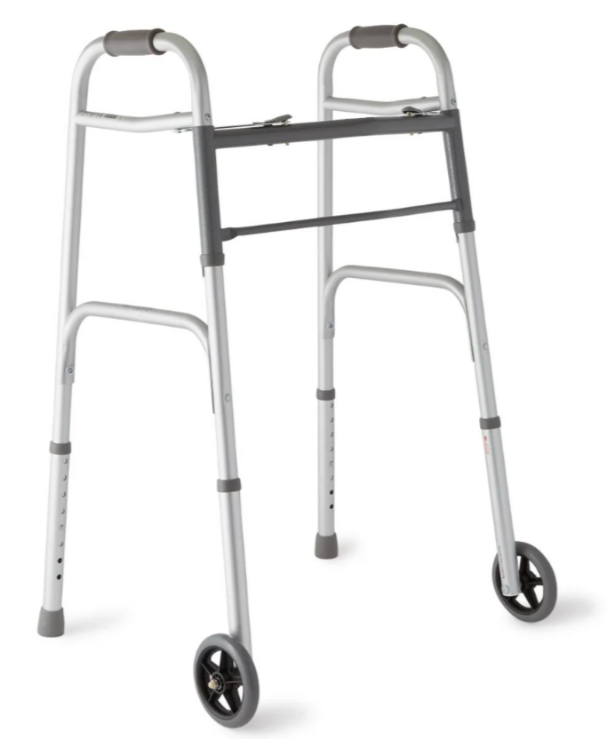 Medline Two-Button Folding Walker for Seniors, 5" Wheels, 32.5" to 39.5" Height, 400-lb. Capacity