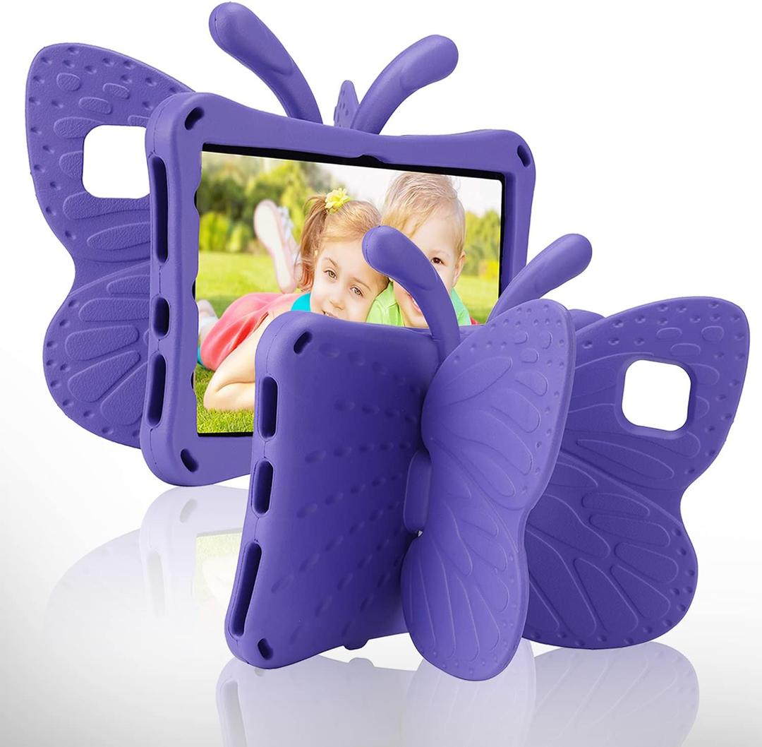 FW Kindle Fire 7 Tablet Case Kids Fire 7 2022 Butterfly Case with Kickstand Light EVA Full Boby Drop Protective Rugged Shockproof Kid-Proof Kids Tablet Case for Girls Kids Gift (Purple)