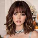 AISI HAIR Curly Bob Wig with Bangs Short Wavy Chestnut Mixed Dark Brown Color Wigs for Women Bob Style Synthetic Heat Resistant Bob Wigs