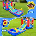 WELLFUNTIME 2 in 1 Inflatable Water Slide & Bouncy Castle with Blower, Water Park with Sprayers, Deep Pool, Dartboard & Basketball Hoop