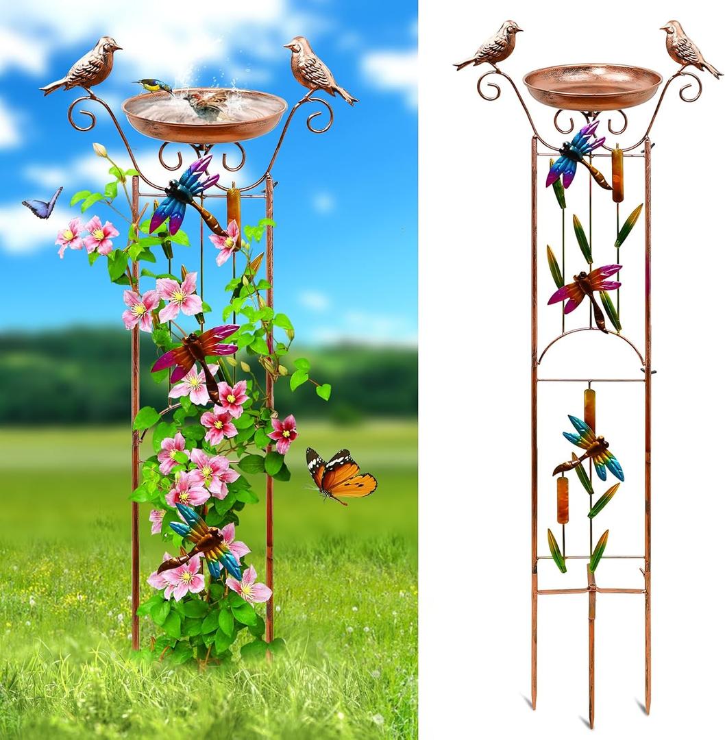 Bird Bath with Garden Trellis Outdoor, Vintage Decorative Birdbath for Climbing Plants, Freestanding Garden Plant Support with Detachable Iron Bowl for Patio Yard Lawn (Dragonfly)