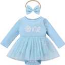 Kids Girls 1st Birthday Outfits Snowflake/Pumpkin Long Sleeve Romper Dress and Headband Cake Smash Outfits (Blue)
