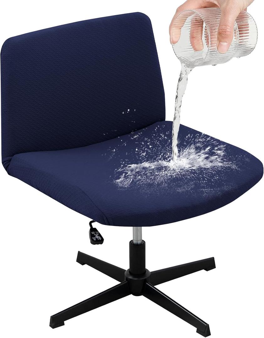 LiveGo Armless Chair Slipcover 100% Waterproof Armless Office Desk Chair Cover Knitted Jacquard Modern Vanity Chair Cover Wide Seat Criss Cross Chair Cover Mid Back Accent Chair Cover (Navy Blue a)