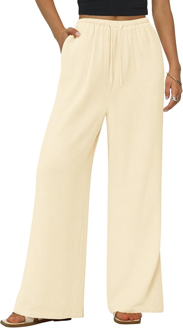 PRETTYGARDEN Summer Wide Leg Linen Pants Women with Pockets High Waist Drawstring Loose Casual Palazzo Lounge Pants Women (Teal, XXL)