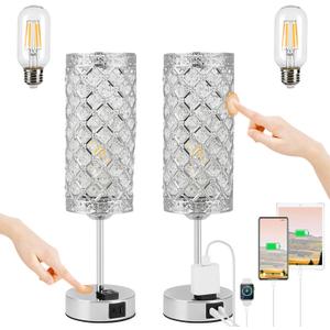 2PCS USB Crystal Table Lamp, Touch Gold Table Lamp,USB A+C Charging Ports&Multiple Outlet,3 Way Dimmable Bedside Lamps(Bulbs Included 2pcs) (Dashing Silver, 2)
