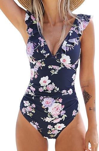 CUPSHE Women's Ruffled One Piece Swimsuit V Neck Lace Up L